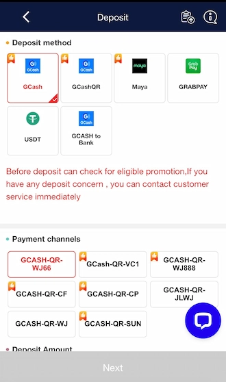 Step 2: Select the deposit method as GCash and choose a payment channel