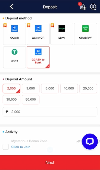 Step 1: Select GCash to Bank deposit method, enter the amount you want to deposit. 