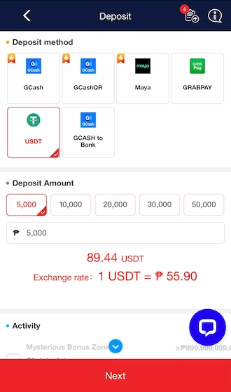 Step 1: Select the deposit method as USDT and select the deposit amount